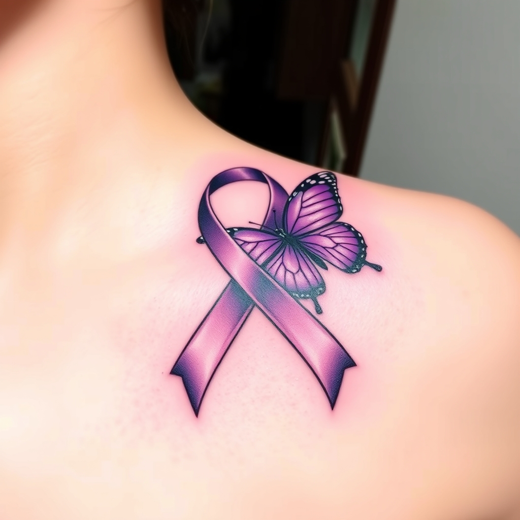 A tattoo design of Domestic violence ribbon awareness inclined together with a purple butterfly in the style of realistic. - domestic violence awareness tattoo design generated by AI tattoo generator