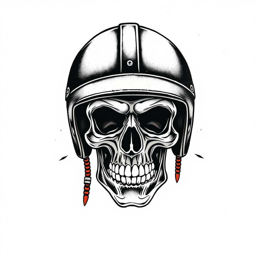 A tattoo design of skull wearing old motorcycle helmet in the style of traditional. - skull tattoo design generated by AI tattoo generator