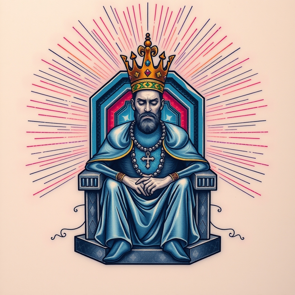 A tattoo design of A king sitting on his hexagon shaped throne, his eyes closed, his face soft, and his aura light blue and silver around him, his crown is streaming light rays, in fine thin strips of various colors, extending out in all directions  in the style of geometric. - mythical royalty tattoo design generated by AI tattoo generator