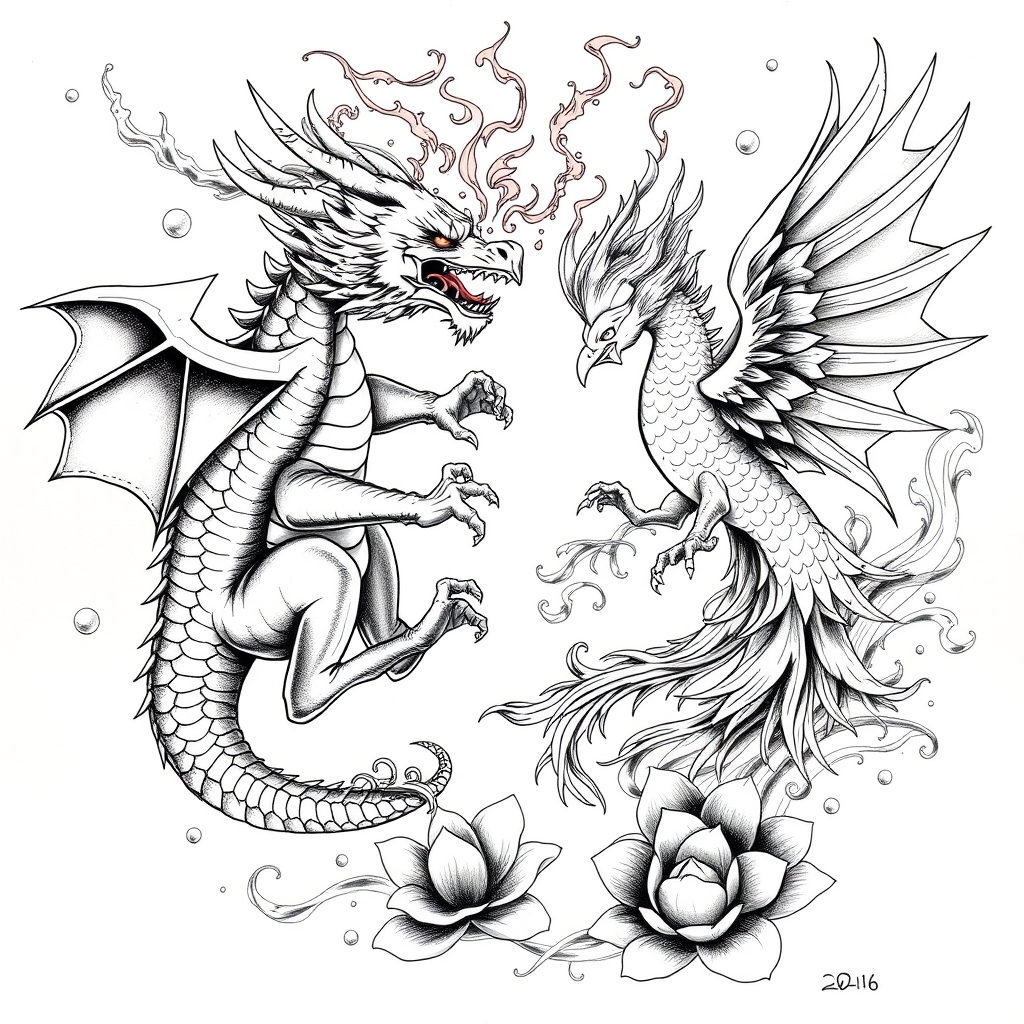 A tattoo design of 2. Dragon vs Phoenix Duel A fire-breathing dragon and a reborn phoenix clash mid-air, wings outstretched and claws extended. The scene is split by a yin-yang composition, with swirling smoke and lotus flowers balancing the chaos and harmony of their battle. in the style of blackwork. - mythical creatures tattoo design generated by AI tattoo generator