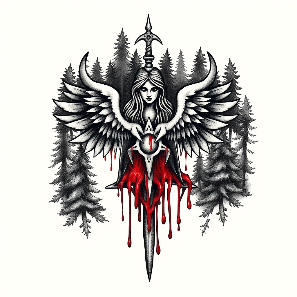 A tattoo design of Valkyrie symbol covered in forest, on top on the symbol there should be blood that goes down to the bottom of the stave in style of trashpolka in the style of traditional. - norse mythology tattoo design generated by AI tattoo generator