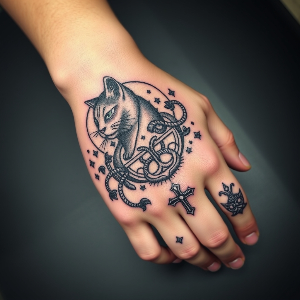 A tattoo design of feminine, viking cat, wyrd, yggdrasil, vegvisin, valknut, troll cross and hug in and munin. Starting at my elbow curving down my forearm onto my fingers in the style of surrealistic. - norse mythology tattoo design generated by AI tattoo generator