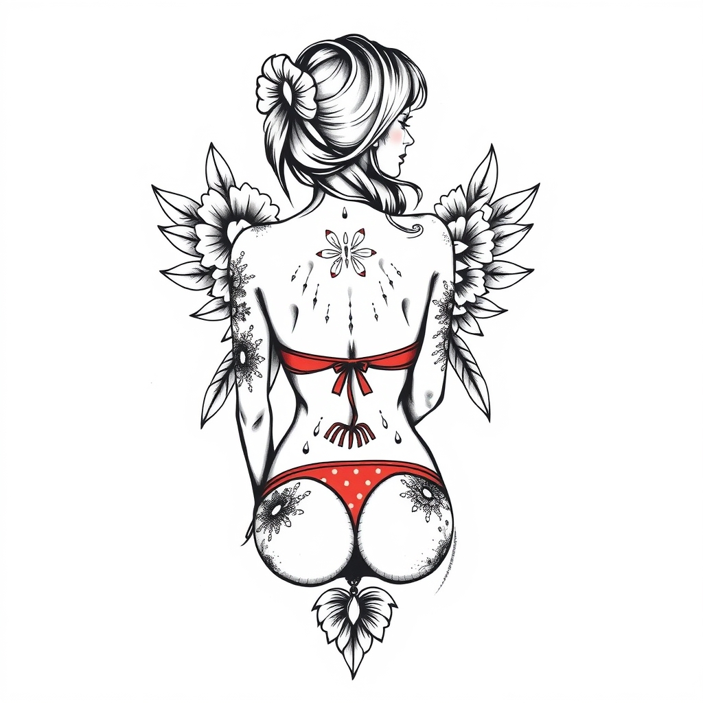 A tattoo design of bikini back girl vintage tattoo on white background in the style of tribal. - pin up girl tattoo design generated by AI tattoo generator
