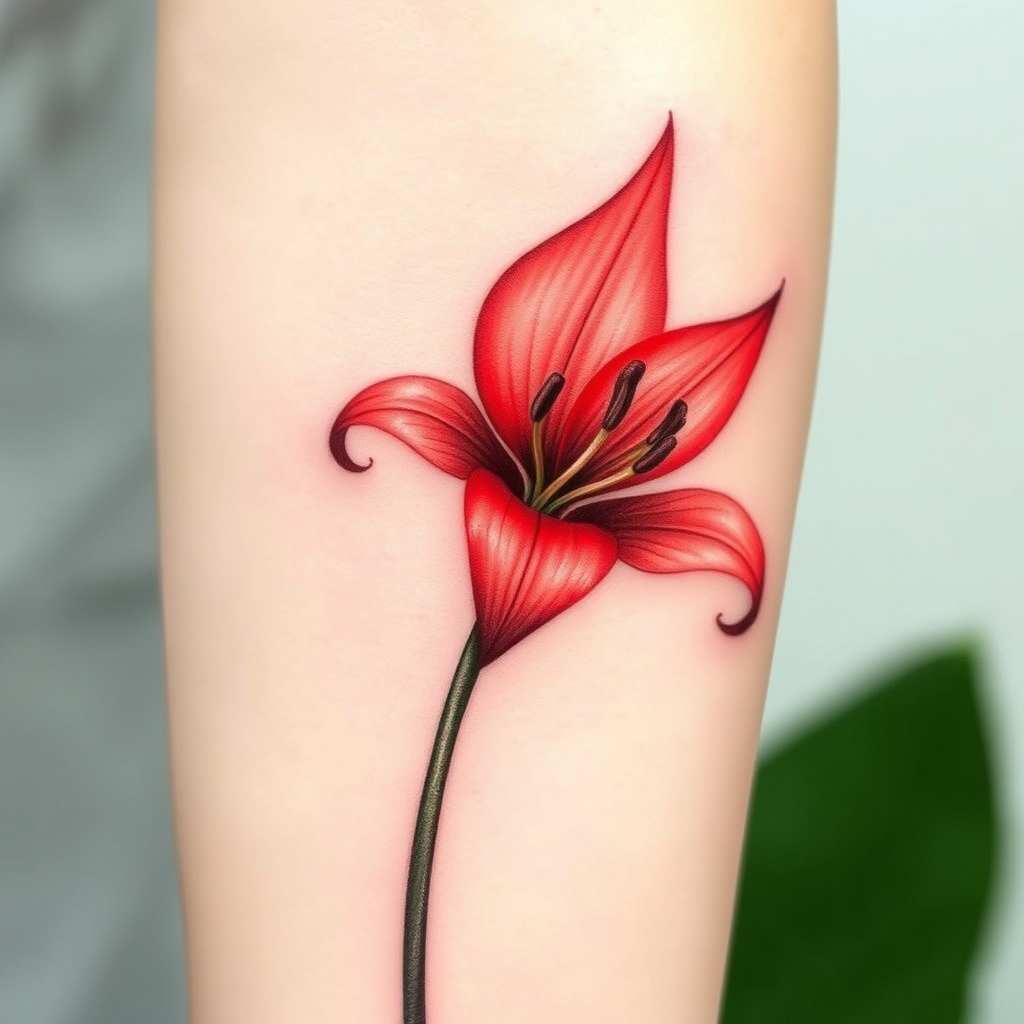 A tattoo design of Realistic spider lily tattoo design in red ink, with fine botanical detailing. The flower should have no leaves on the stem — only a single, slender, naturalistic stem supporting a fully bloomed spider lily with delicate, curled petals and long filaments, all in a vivid red tone. Overlay a second version of the same flower in pure white ink, slightly offset to the right, creating a ghosted double-vision effect (3D-style diplopia). The white flower should look like a translucent echo or spiritual aura of the red lily, as if its soul is gently drifting out. Focus on soft contrast between the vibrant red and ethereal white. The design should be clean, refined, and emotionally expressive — balancing realism and minimalism. Tattoo placement should be on the inner forearm or upper arm for visual clarity, with smooth skin texture as the background in the style of realistic. - flower tattoo design generated by AI tattoo generator