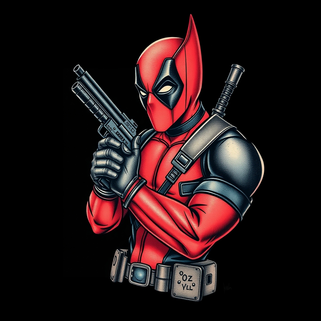 A tattoo design of Deadpool holding a tattooing gun with the names D, Oz and Kyle on a list beside him  in the style of surrealistic. - pop culture tattoo design generated by AI tattoo generator