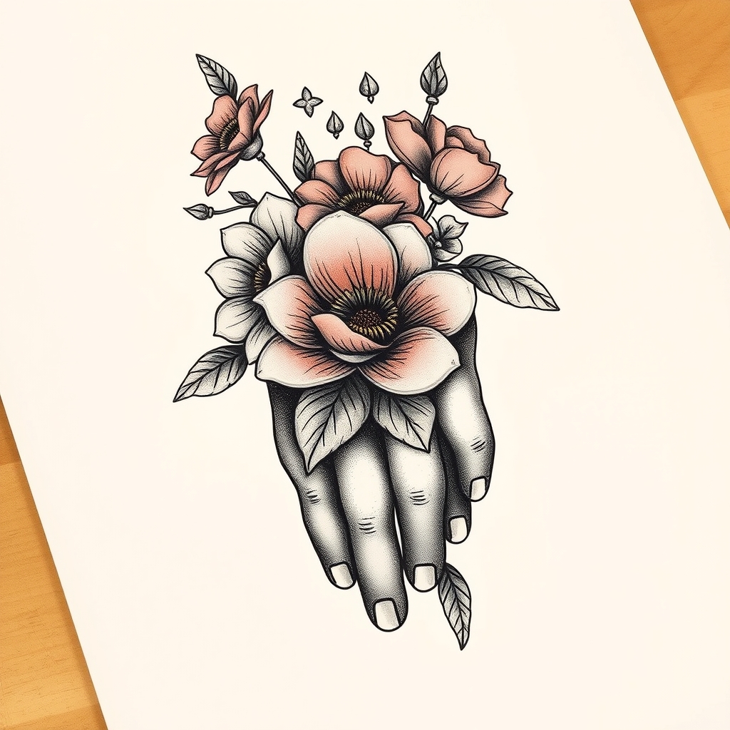 A tattoo design of flowers, hand, the footbook in the style of surrealistic. - flower hand tattoo design generated by AI tattoo generator