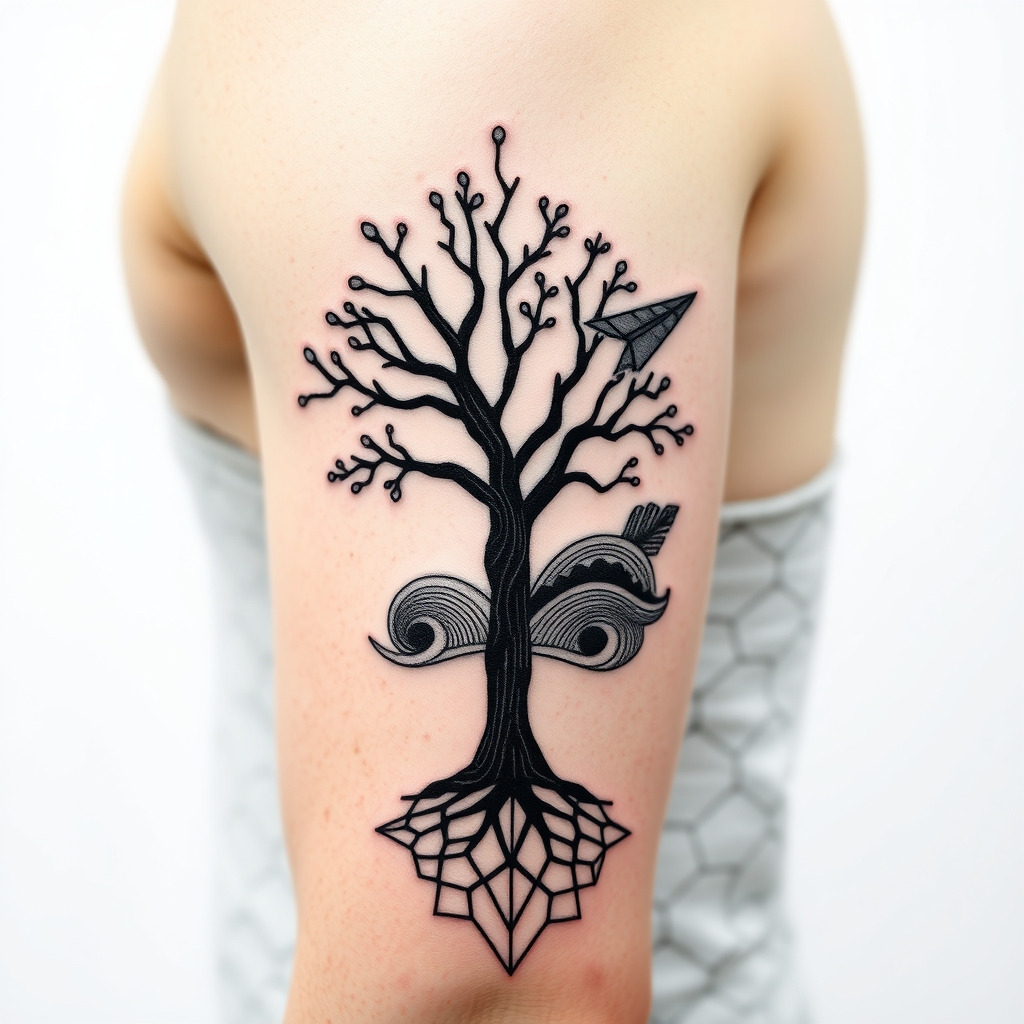 A tattoo design of Style: Geometric black‑work, dot‑shading Placement: Upper arm (biceps only) Design: At inner biceps, dense hexagon base with fine root‑like lines merging downward. From this base, a stylized geometric tree trunk rises, branching outward across the biceps curve. Between branches, weave bold yet flowing black wave motifs with subtle dot‑shade texture to symbolize water/movement. On the outer biceps, integrate a minimalist geometric airplane wing (or compass arrow) emerging from the central branch. Use negative space to keep the design airy and dynamic. Keep line weights heavier at roots/trunk, finer toward branches and waves. in the style of geometric. - geometric nature scene tattoo design generated by AI tattoo generator
