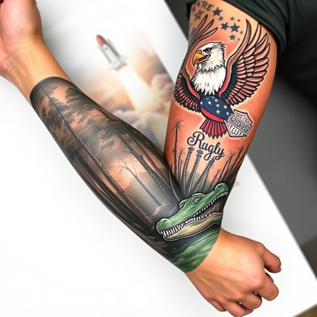 A tattoo design of Right arm full sleeve with the upper containing Harley Davidson theme with eagles mixed with the lower of Florida cypress swamp theme with alligator and space shuttle launch in the background in the style of realistic. - tattoo sleeve themes tattoo design generated by AI tattoo generator