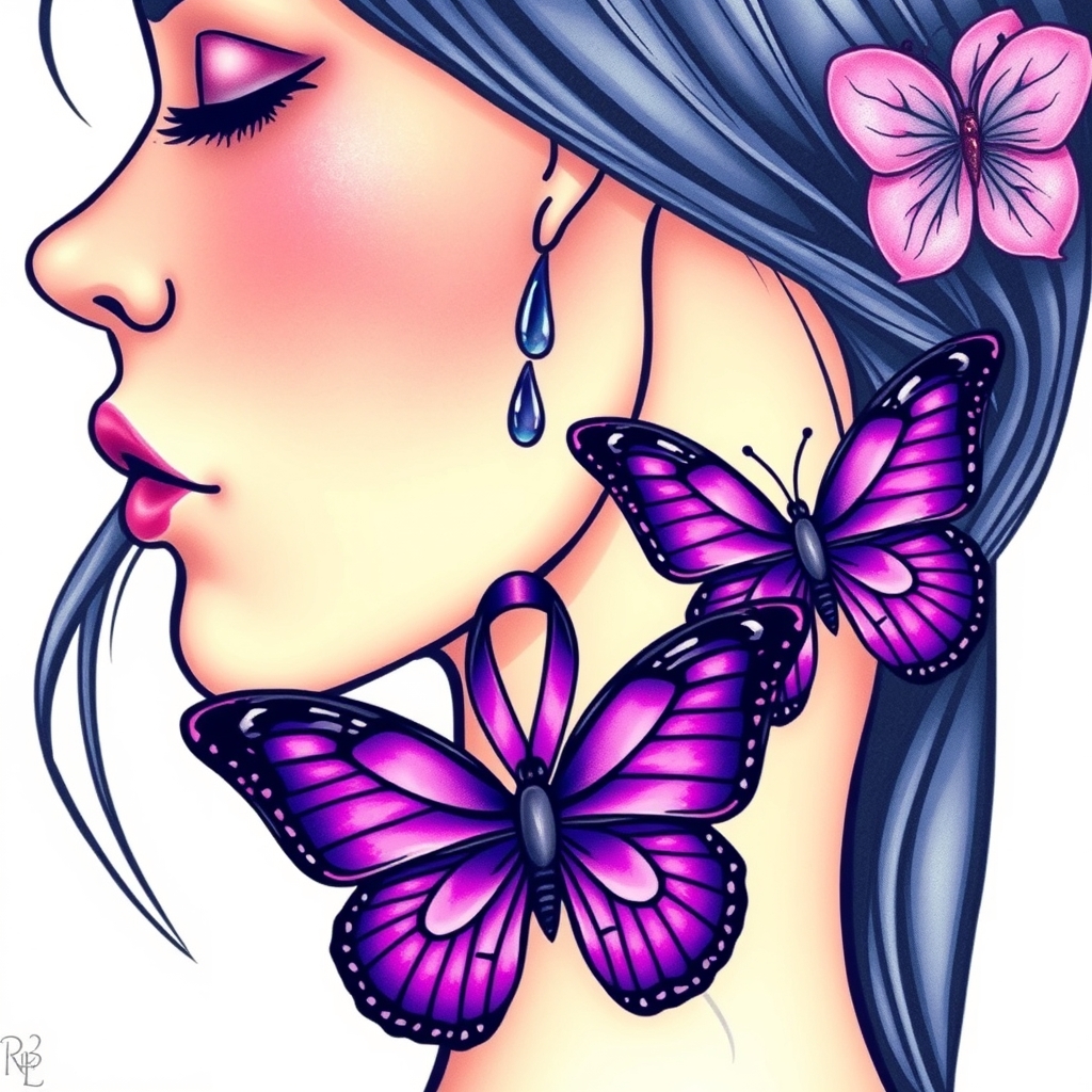 A tattoo design of A tear running down a woman's face with a domestic violence ribbon and a purple butterfly entwined together in the style of traditional. - domestic violence awareness tattoo design generated by AI tattoo generator