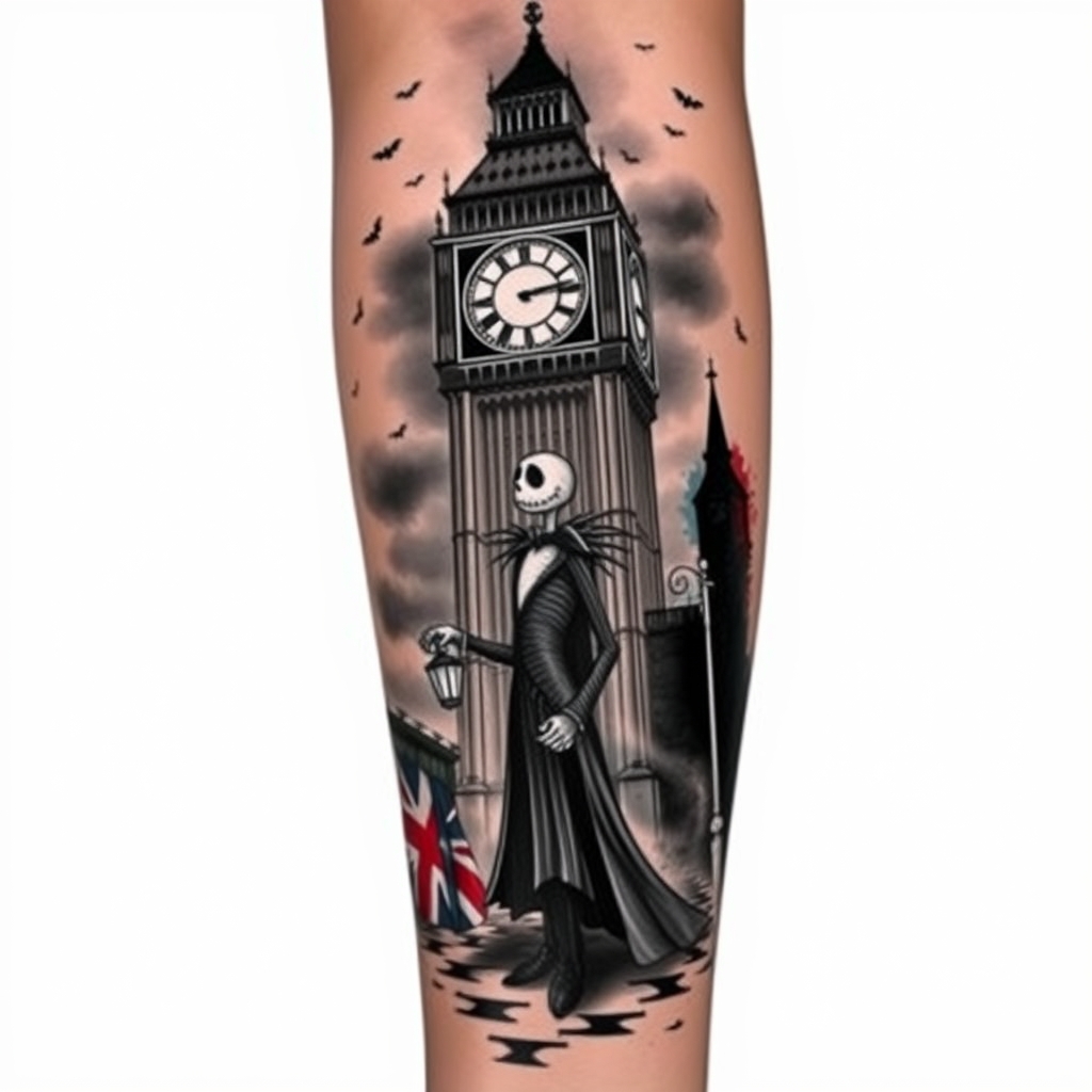A tattoo design of 1. Big Ben (Upper Arm/Shoulder) Rendered in intricate black and grey with detailed architecture. Clock set to midnight (12:00). Looming against a misty, clouded night sky with scattered bats flying by. Use subtle shadowing to give it a towering, eerie vibe. 2. Jack Skellington (Outer Bicep) Standing below Big Ben in a Victorian-style London street. Wearing a tattered cloak, casting a long, twisted shadow. His face lit slightly by an old lantern (a soft focal point). 3. Oogie Boogie (Inner Bicep) Emerging from the shadows of an alleyway. Made of burlap-like texture, with dice in one hand. Incorporate faint swirls or smoke to blend his form with the surrounding shadows. 4. Union Jack Color Splash (Elbow/Forearm Transition) Use watercolor-style red, white, and blue in splattered strokes. Faintly emerging behind brick textures or London fog—like graffiti bleeding through. 5. Lower Arm/Wrist London cobblestone street fading into fog with footprints or skeletal handprints. Lamp posts glowing faintly in the distance. Possibly integrate bats or wisps flowing down toward the wrist. --- 🎨 Style Notes: Black & Grey Realism with gothic undertones. Single color accent: Union Jack splash for visual punch without overwhelming the dark vibe. High contrast shading to dramatize the night atmosphere. Textural contrasts (brick, fog, burlap, bones) to keep it visually engaging across the sleeve. in the style of surrealistic. - nightmare before christmas london tattoo design generated by AI tattoo generator