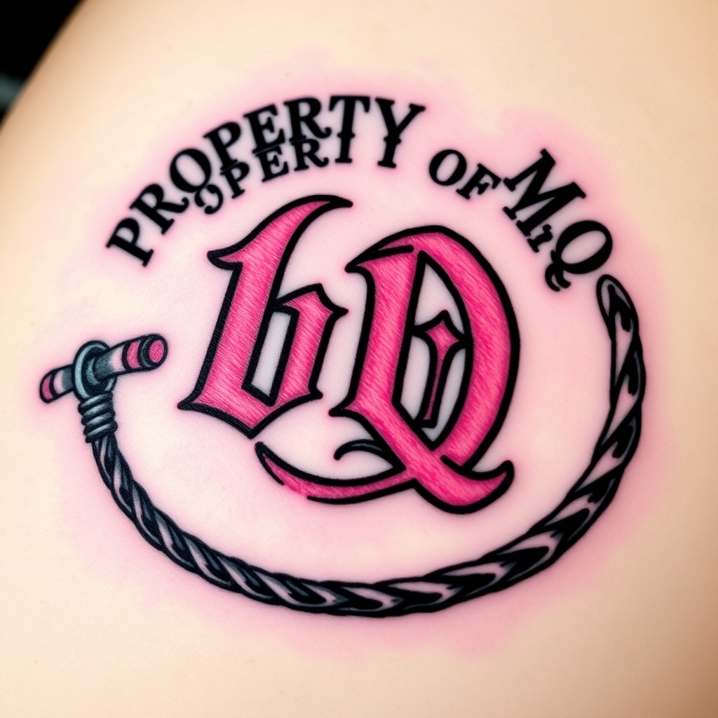 A tattoo design of Cuckold symbol. Black and pink are the colors. Name is bb. Spells "PROPERTY OF MQ". A whip is shown. in the style of traditional. - bdsm fetish tattoo design generated by AI tattoo generator