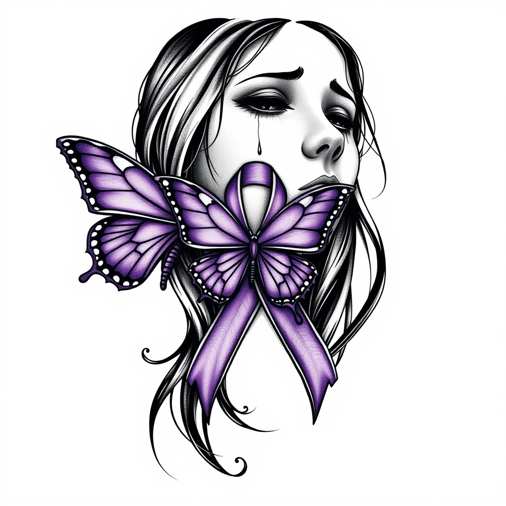 A tattoo design of A woman crying with the domestic awareness ribbon with a purple butterfly entwined together in the style of blackwork. - domestic awareness tattoo design generated by AI tattoo generator