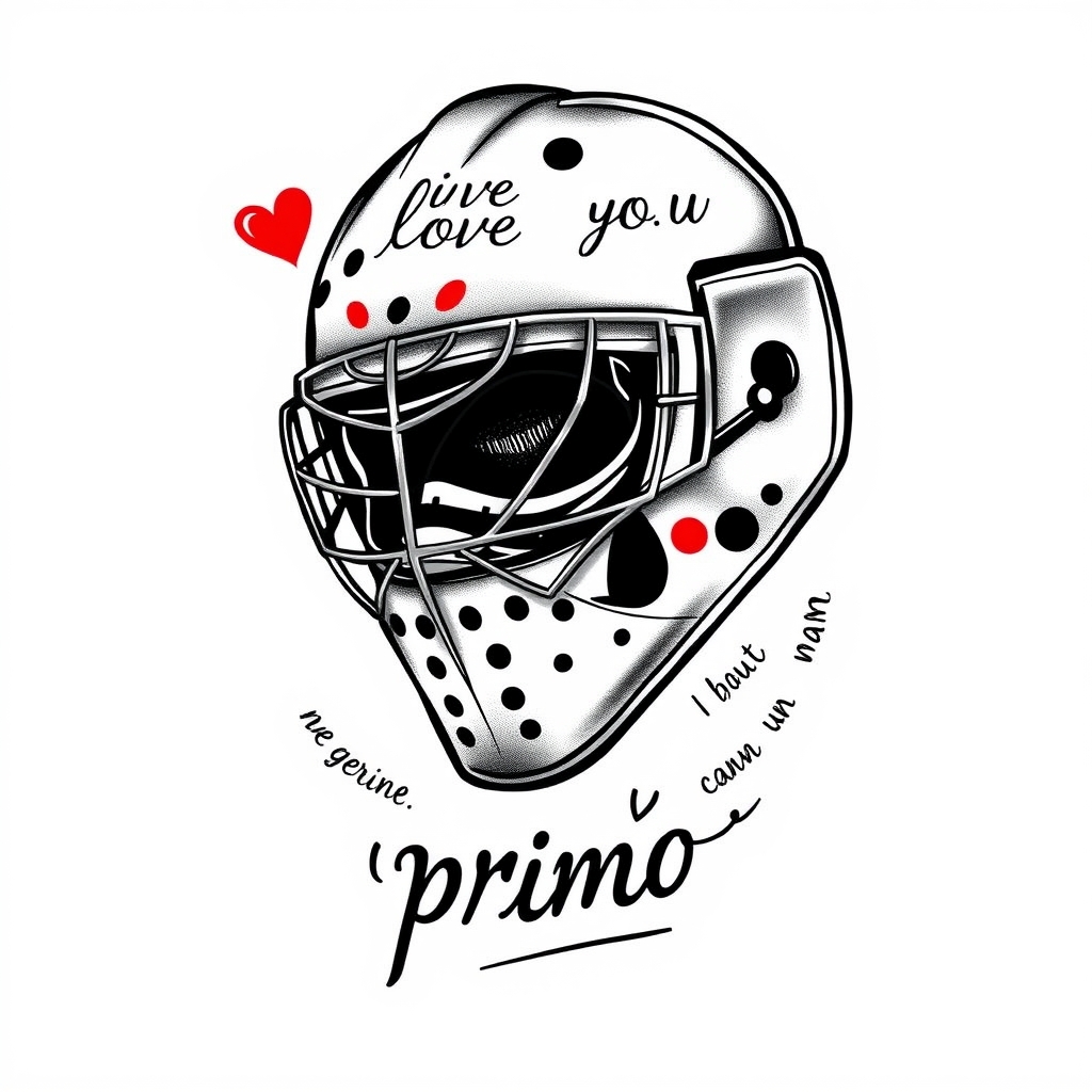 A tattoo design of Bernie parent goalie mask with the phrase " I love you" " never give up " and the name " primo " in the style of realistic. - goalie mask tattoo design generated by AI tattoo generator