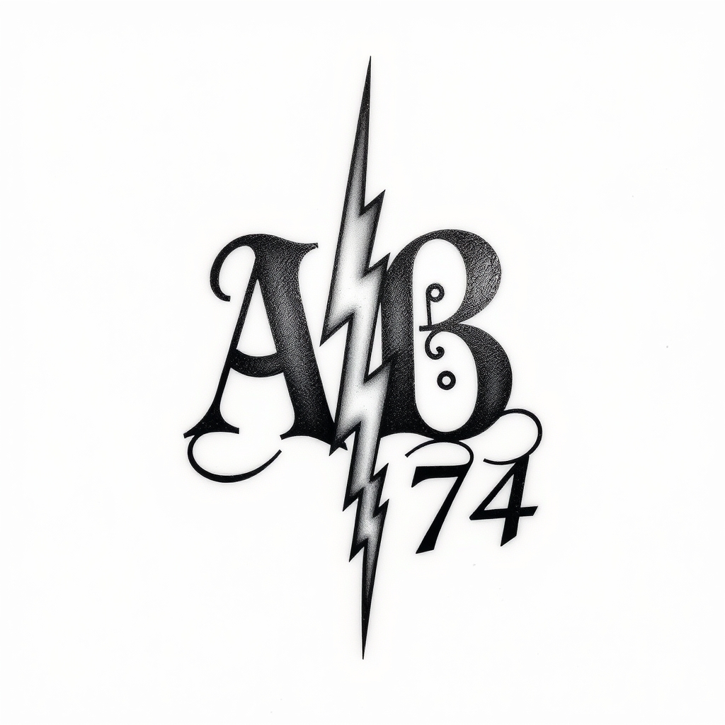 A tattoo design of Initials AB, year 74, lightning bolt in the style of traditional. - symbol tattoo design generated by AI tattoo generator