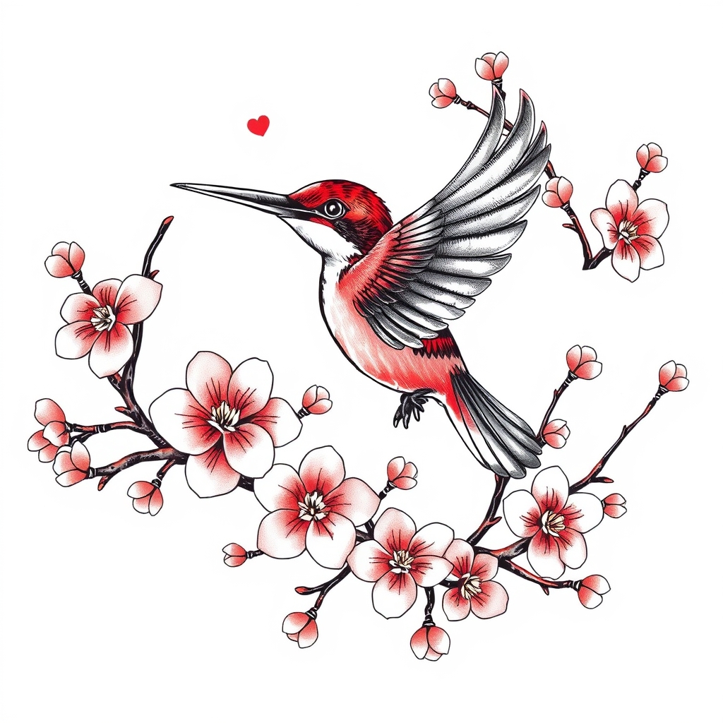 A tattoo design of Big quantities of cherry blossoms with flying kingfisher in the style of traditional. - flora and fauna tattoo design generated by AI tattoo generator