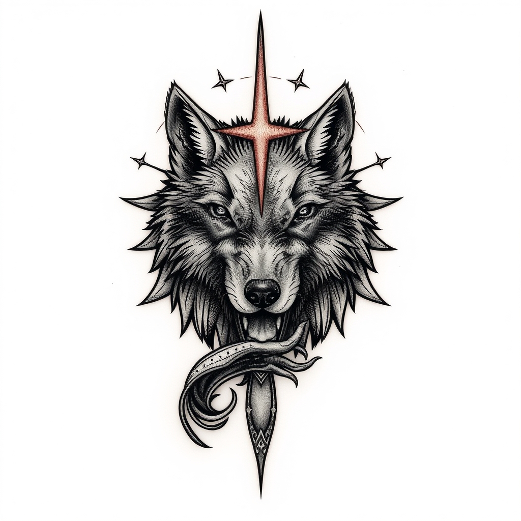 A tattoo design of wolf heaven hand of God in the style of realistic. - religion tattoo design generated by AI tattoo generator