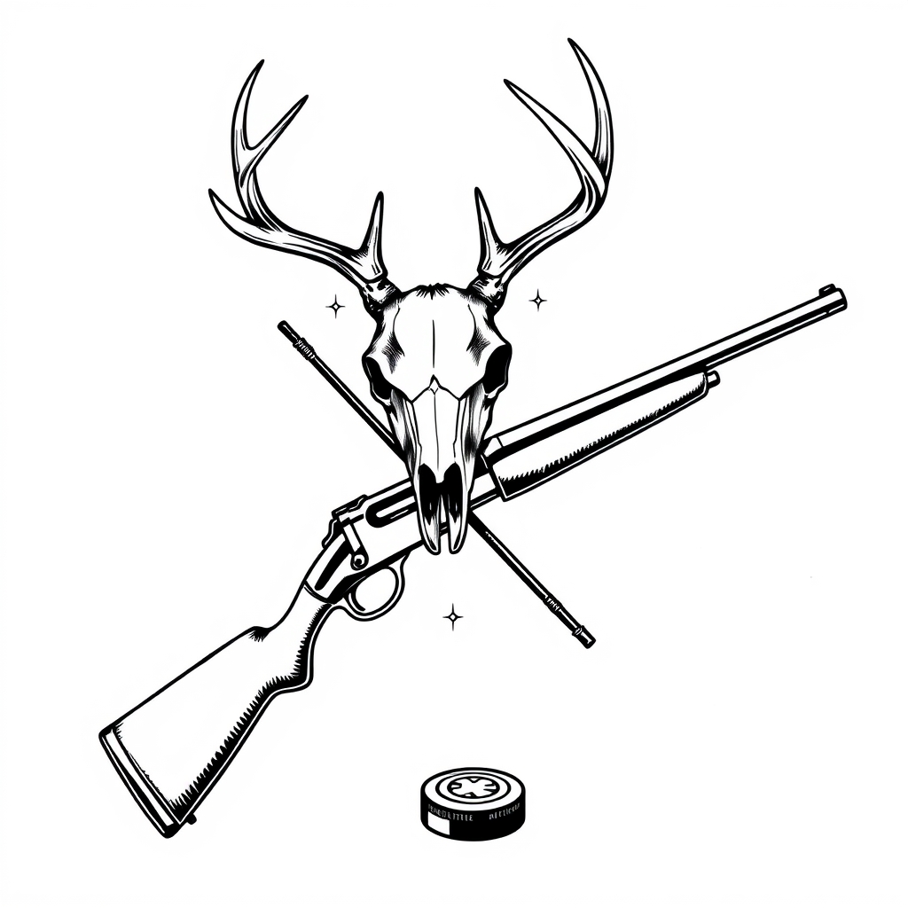 A tattoo design of a deer skull on top of the x of a lever action rifle and a hockey stick all blackout with with a white background with a hockey puck on the bottom of the x in the style of realistic. - hunting sports tattoo design generated by AI tattoo generator