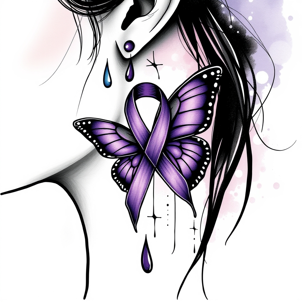 A tattoo design of A tear running down a woman's face with a domestic violence ribbon and a purple butterfly entwined together in the style of abstract. - domestic violence awareness tattoo design generated by AI tattoo generator