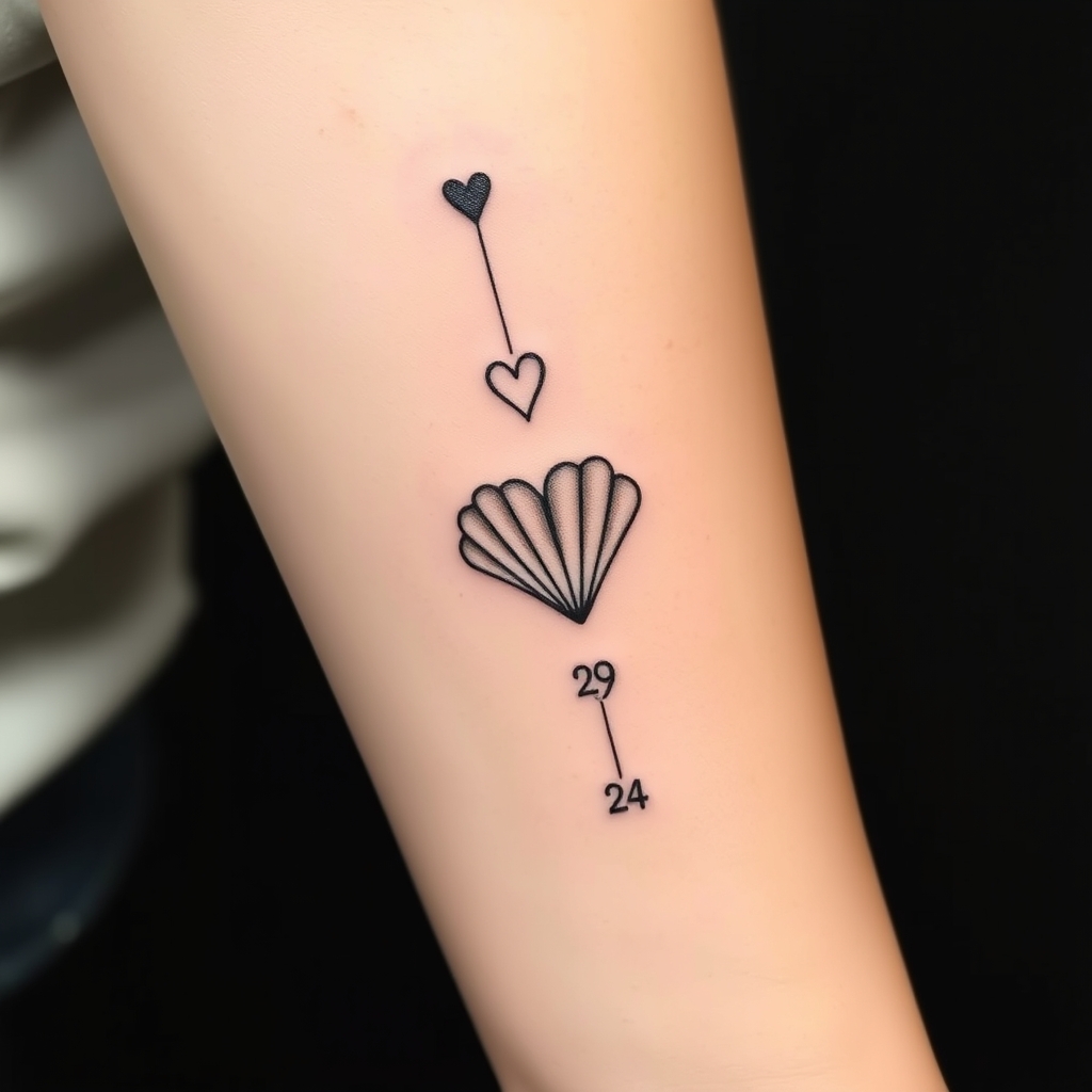A tattoo design of Vertical line, small symbols: heart, shell, 19, ring, 24 in the style of realistic. - symbol collection tattoo design generated by AI tattoo generator