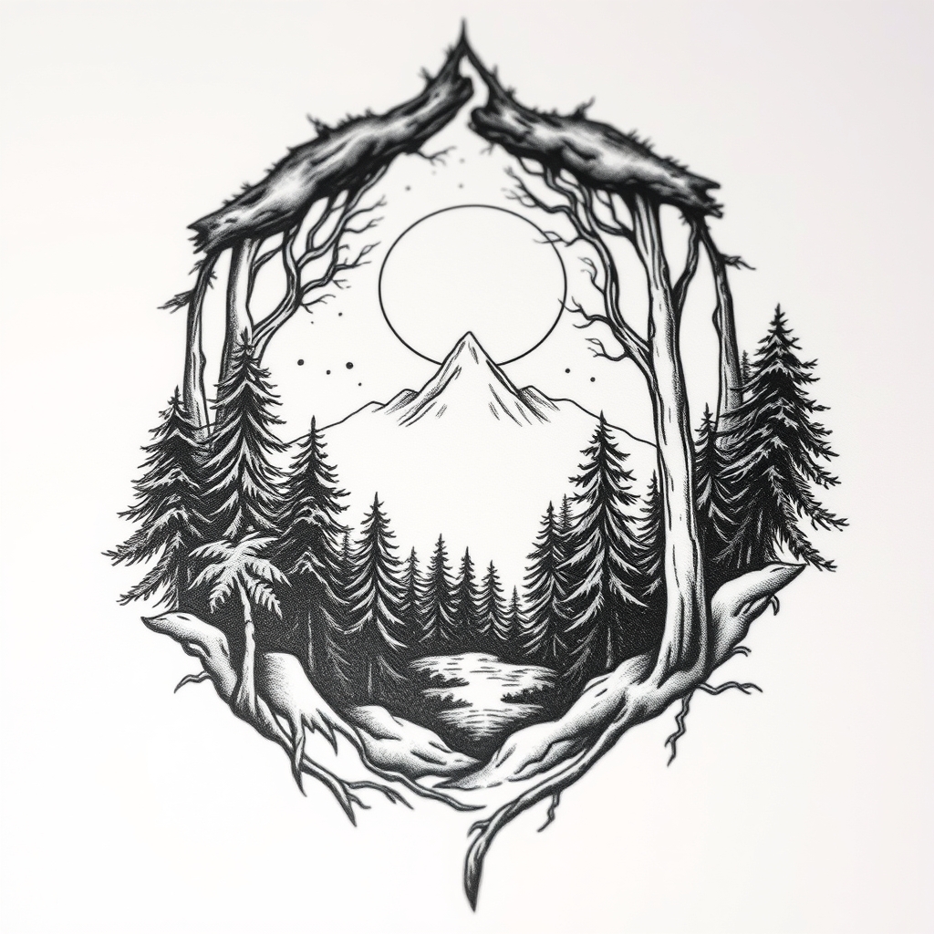 A tattoo design of Forest and space in the style of blackwork. - nature and space tattoo design generated by AI tattoo generator