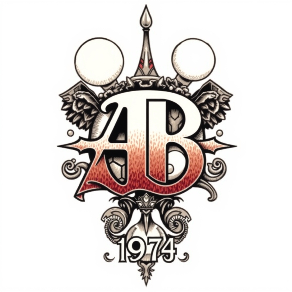 A tattoo design of Initials AB, year 1974,  in the style of surrealistic. - dates tattoo design generated by AI tattoo generator
