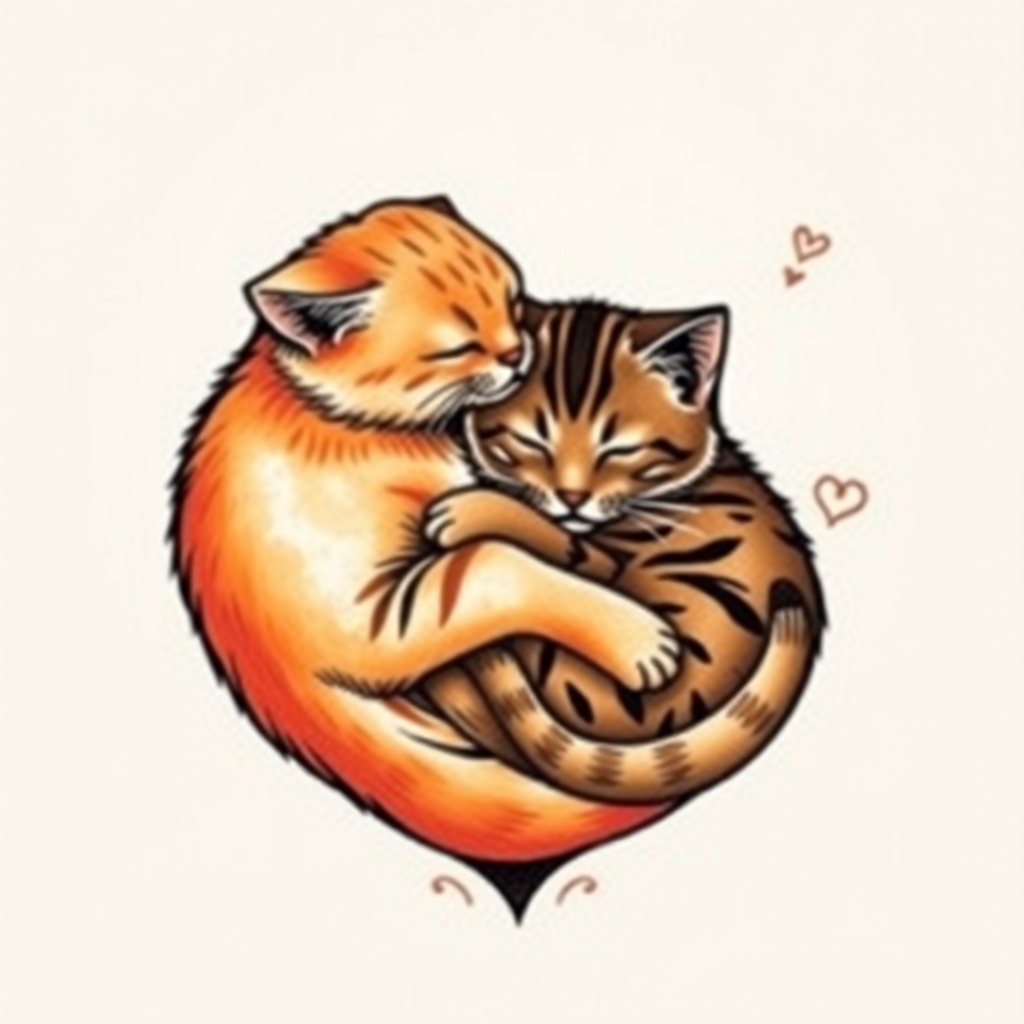 A tattoo design of A heart shape that looks like an orange cat and a brown tabby cat sleeping and hugging . The cats are the same size. The cats fill the entire shape. in the style of traditional. - animals tattoo design generated by AI tattoo generator