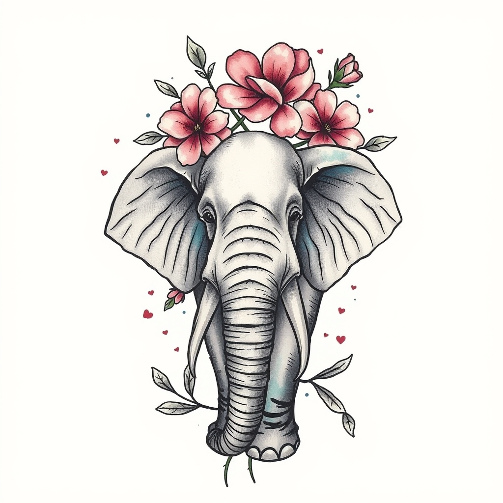 A tattoo design of elephant with trunk pointing up with flowers in the style of watercolor. - wildlife animal tattoo design generated by AI tattoo generator