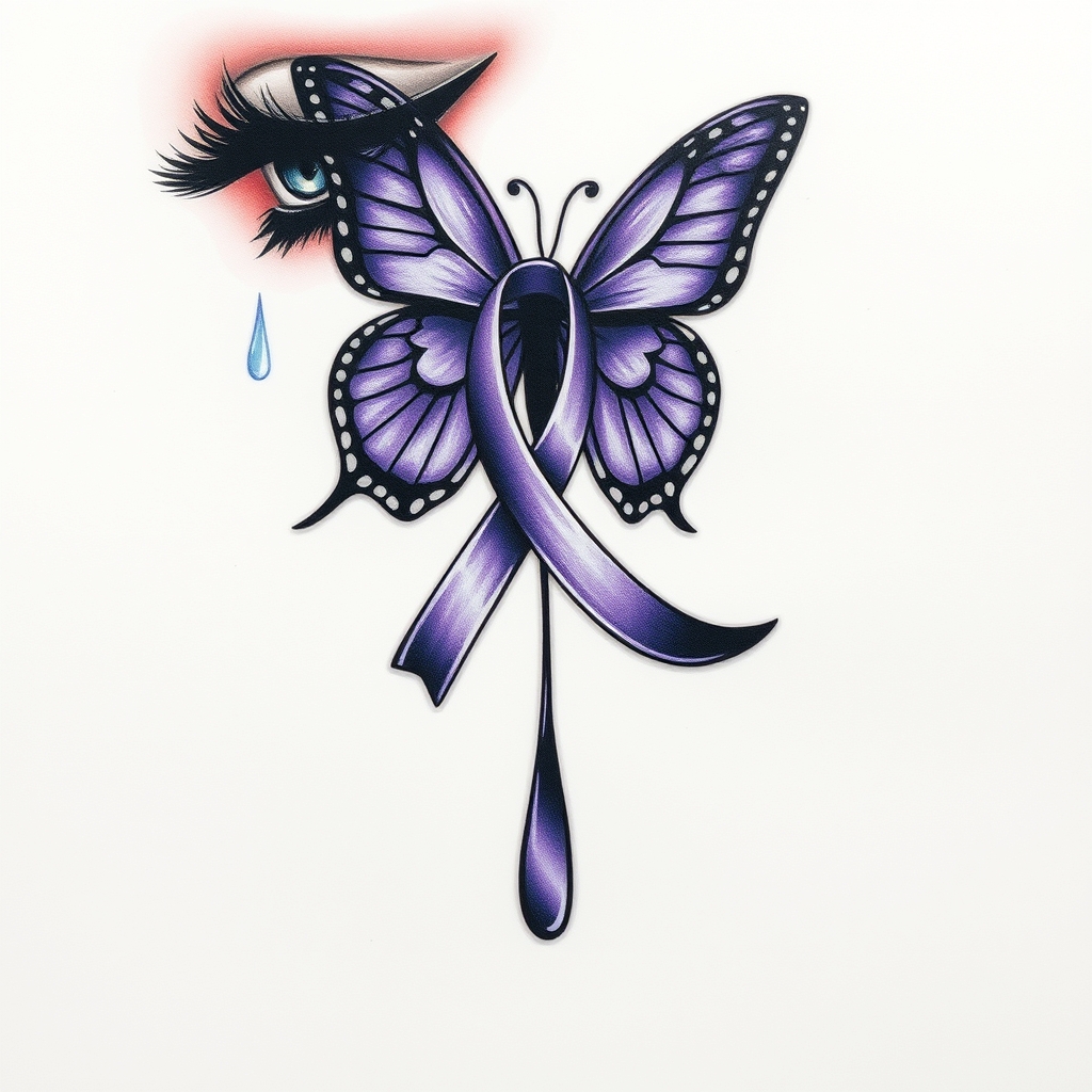 A tattoo design of A tear running down a woman's face with a domestic violence ribbon and a purple butterfly entwined together in the style of surrealistic. - domestic violence awareness tattoo design generated by AI tattoo generator