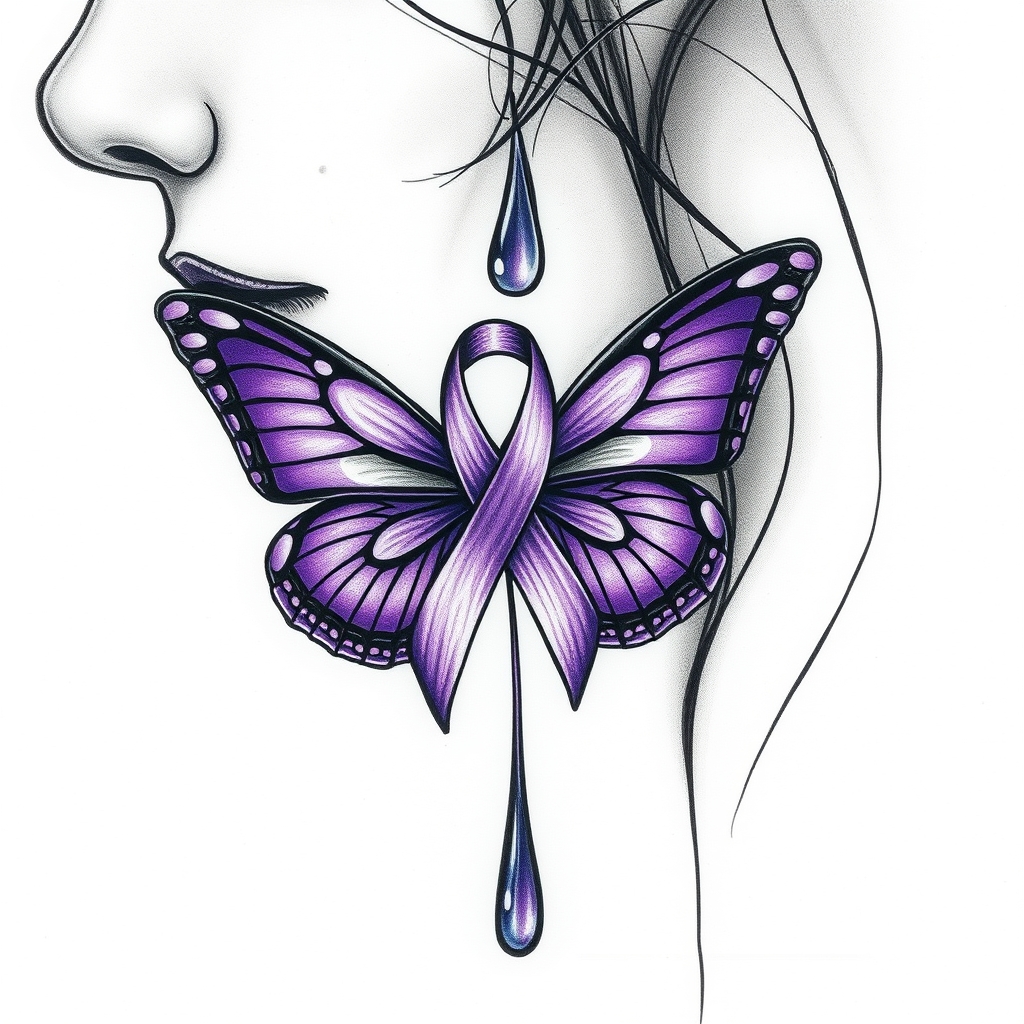 A tattoo design of A tear running down a woman's face with a domestic violence ribbon and a purple butterfly entwined together in the style of surrealistic. - domestic violence awareness tattoo design generated by AI tattoo generator