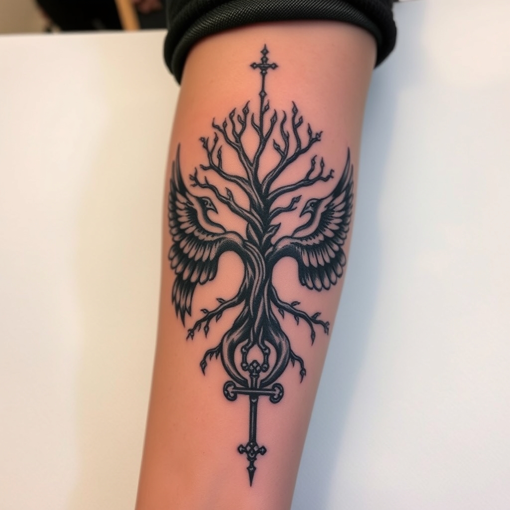 A tattoo design of feminine, odins ravens, wyrd, yggdrasil, vegvisin, valknut, troll cross, add a little red  Down my arm onto my wrist in the style of surrealistic. - norse mythology tattoo design generated by AI tattoo generator