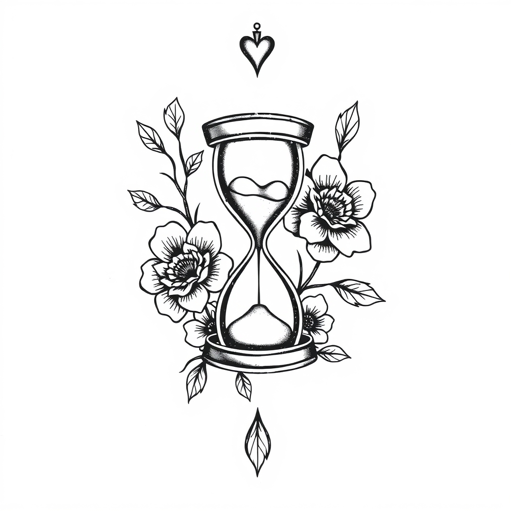 A tattoo design of hourglass love flowers vintage tattoo on white background in the style of blackwork. - time and beauty tattoo design generated by AI tattoo generator