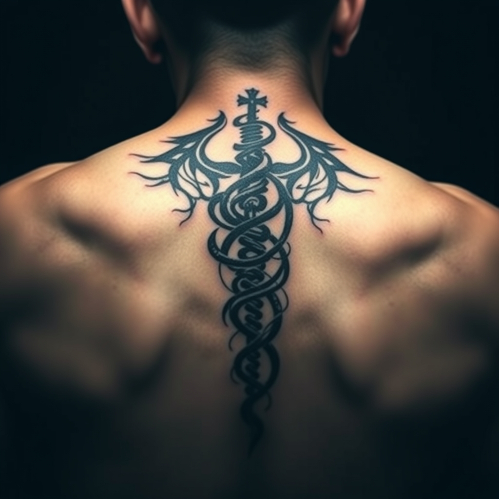 A tattoo design of Dark, suicidal thoughts, ptsd, anxiety, menโs mental health, large between shoulder blades and small down spine in the style of realistic. - mental health awareness tattoo design generated by AI tattoo generator