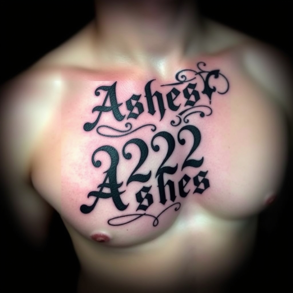 A tattoo design of Words "Ashes 222 Ashes" on left pectoralis in the style of traditional. - memorial tattoo design generated by AI tattoo generator