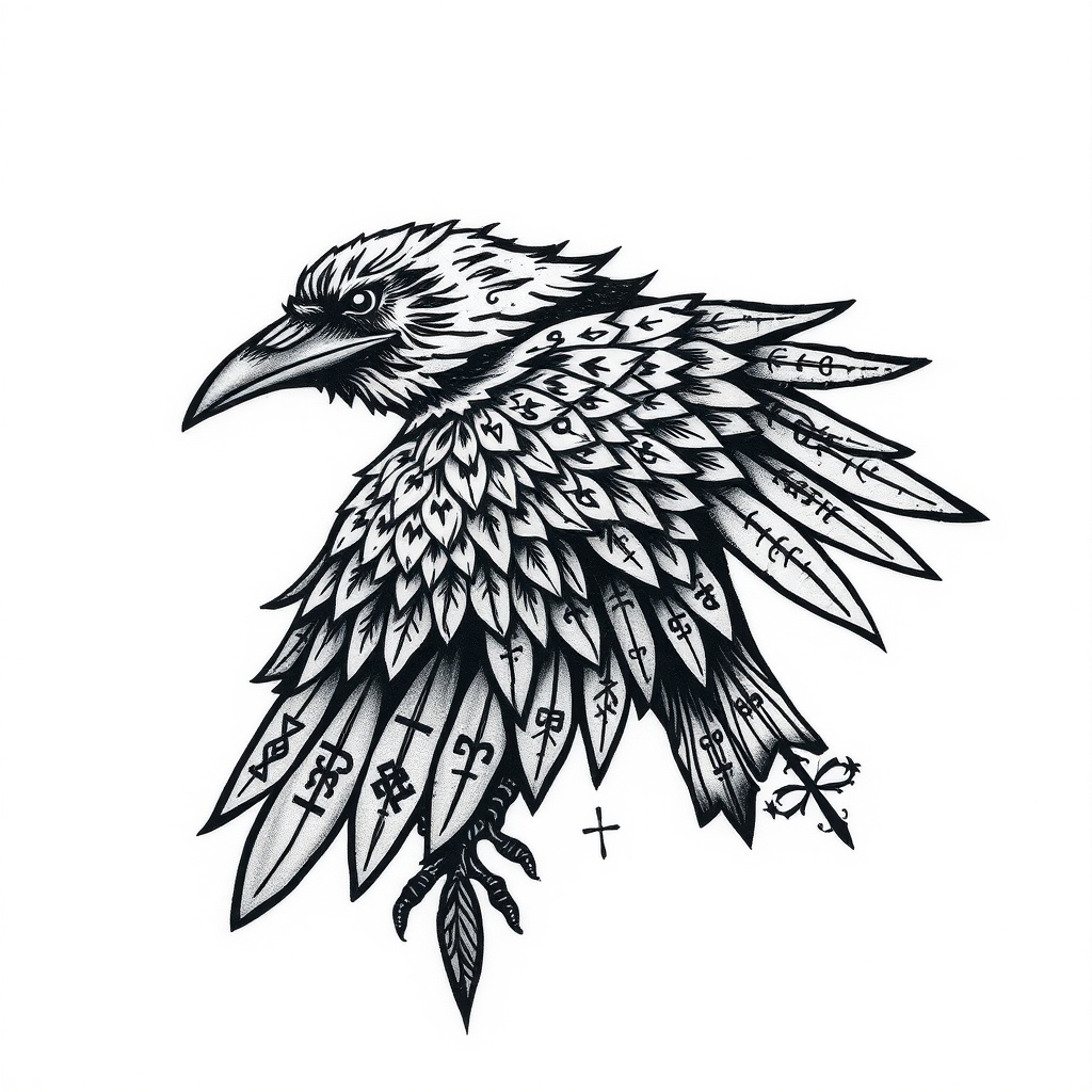A tattoo design of Raven Covered In Runes in the style of blackwork. - mythical creatures tattoo design generated by AI tattoo generator