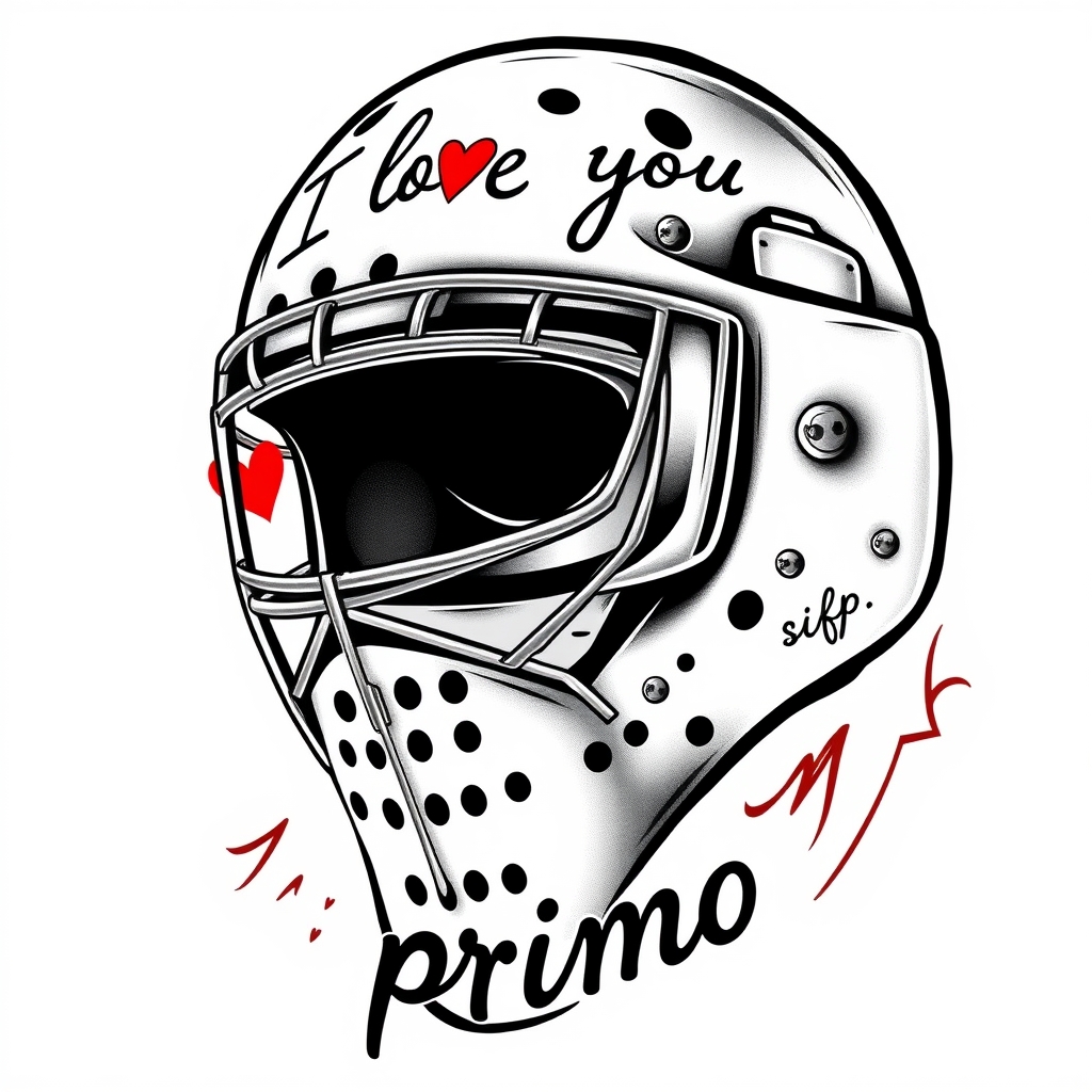 A tattoo design of Bernie parent goalie mask with the phrase " I love you" " never give up " and the name " primo " in the style of realistic. - sports memorabilia tattoo design generated by AI tattoo generator