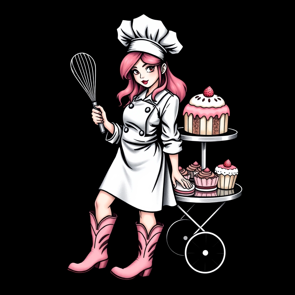 A tattoo design of Chef, pink hair, dusky pink cowboy boots,  holding whisk beside trolly of cakes in the style of blackwork. - culinary profession tattoo design generated by AI tattoo generator