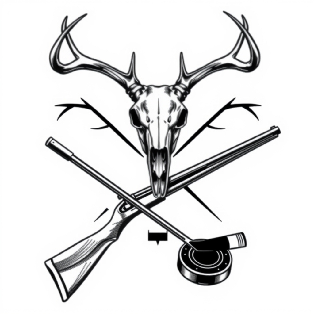 A tattoo design of a deer skull on top of the x of a lever action rifle and a hockey stick all blackout with with a white background with a hockey puck on the bottom of the x in the style of realistic. - hunting sports tattoo design generated by AI tattoo generator