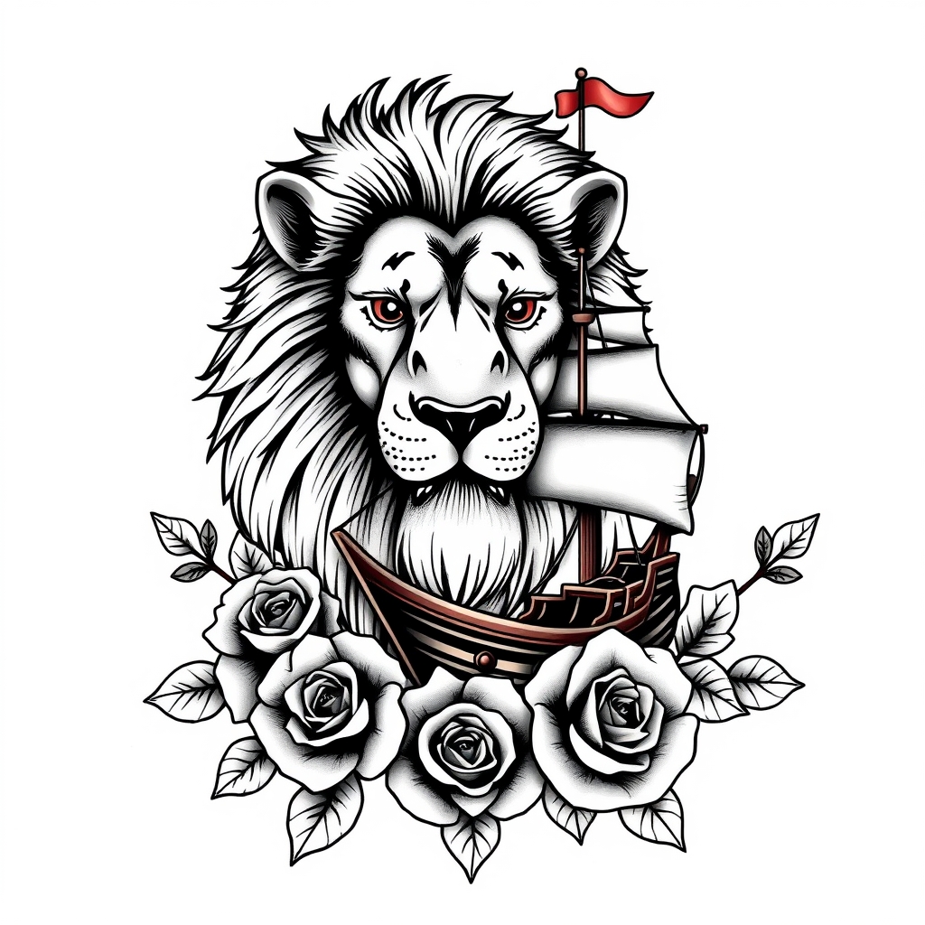 A tattoo design of Lion and pirate ship and roses in the style of realistic. - mythical creatures and vehicles and flowers tattoo design generated by AI tattoo generator