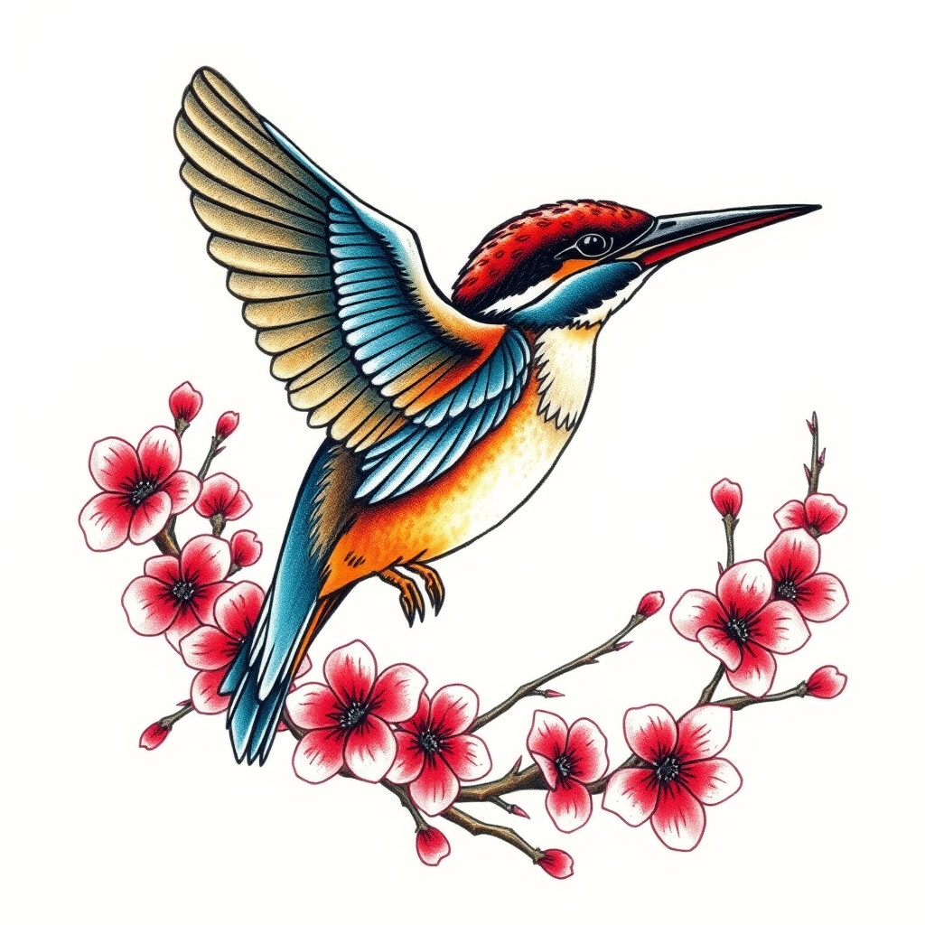 A tattoo design of Kingfisher in flight surrounded by cherry blossoms in colour in the style of traditional. - animals and flowers tattoo design generated by AI tattoo generator