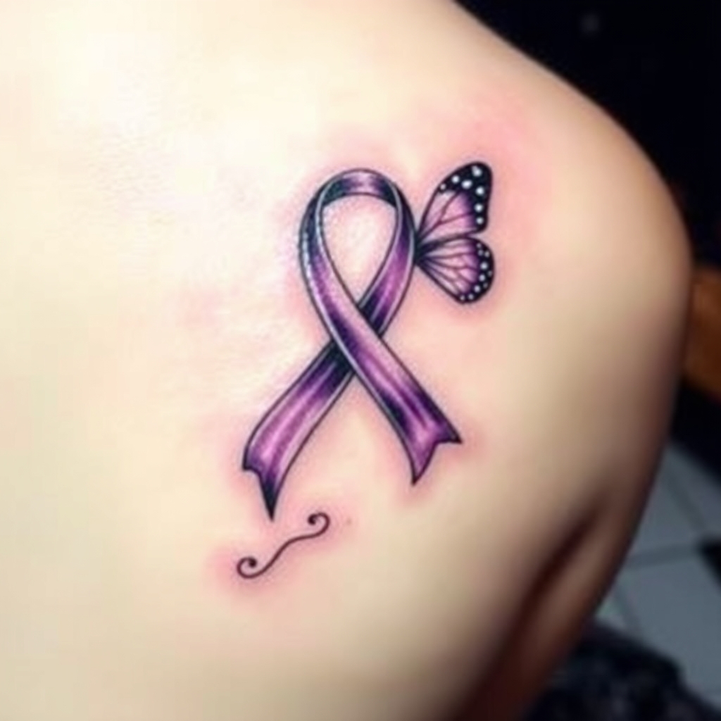 A tattoo design of Domestic violence ribbon awareness inclined together with a purple butterfly  in the style of japanese. - domestic violence awareness tattoo design generated by AI tattoo generator
