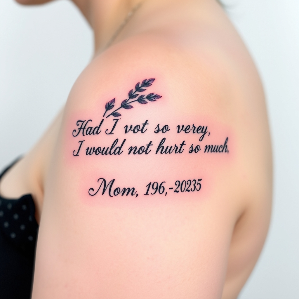 A tattoo design of right shoulder blade tattoo. Lavender with the words Had I not loved so very much, I would not hurt so much in cursive. Mom 1964-2025 underneath in serif  in the style of geometric. - memorial quote tattoo design generated by AI tattoo generator