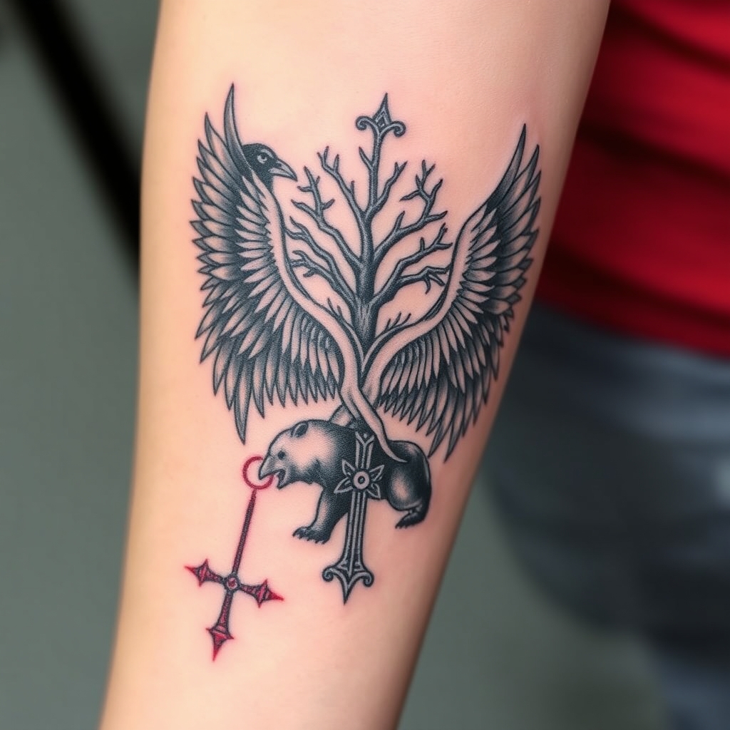 A tattoo design of feminine, odins ravens, wyrd, yggdrasil, vegvisin, valknut, troll cross and bear, add a little red Down my arm onto my wrist in the style of realistic. - norse mythology tattoo design generated by AI tattoo generator