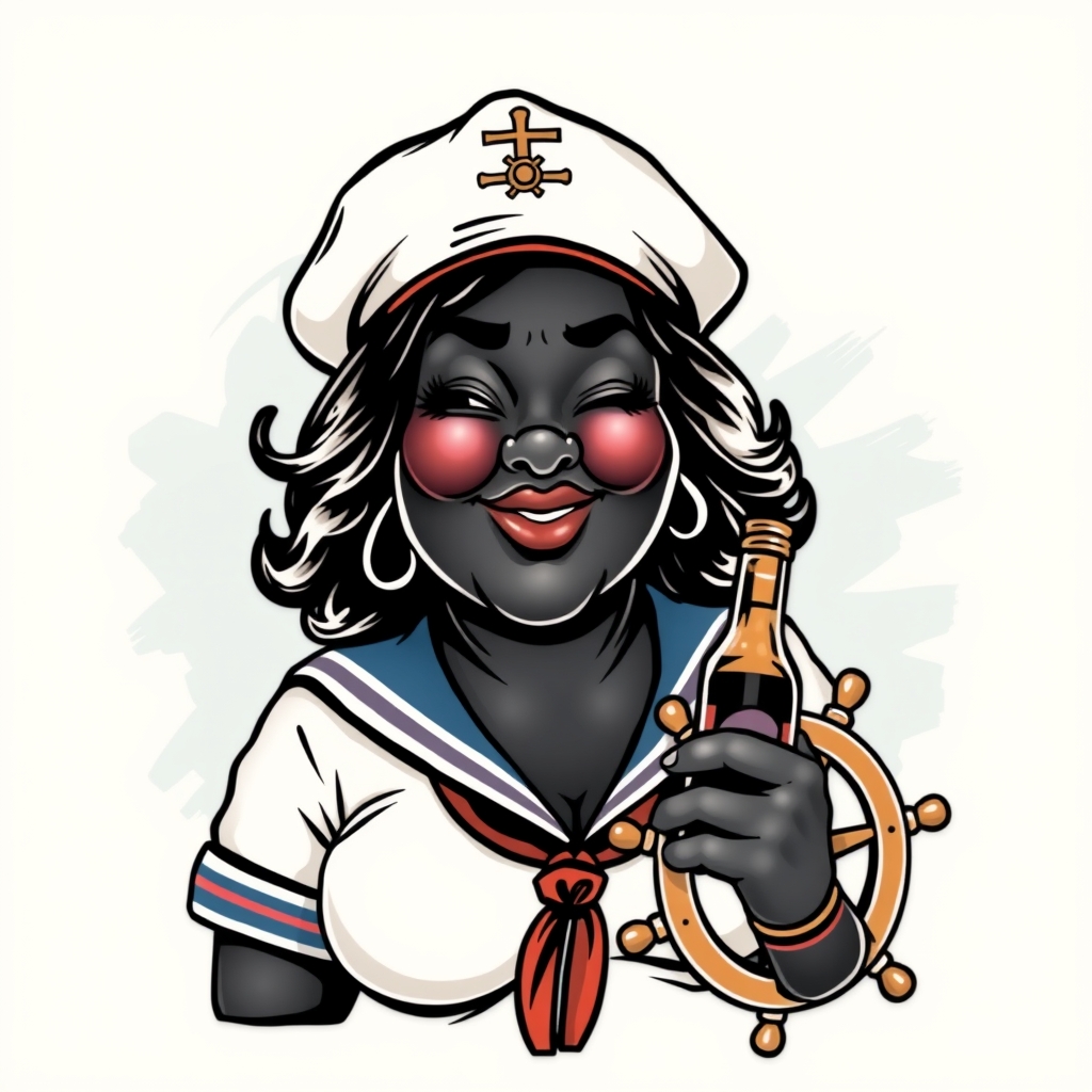A tattoo design of An  obese dark black woman winking in a sailor outfit with a beer bottle and ships wheel sailor jerry style in the style of traditional. - sailor jerry style tattoo tattoo design generated by AI tattoo generator