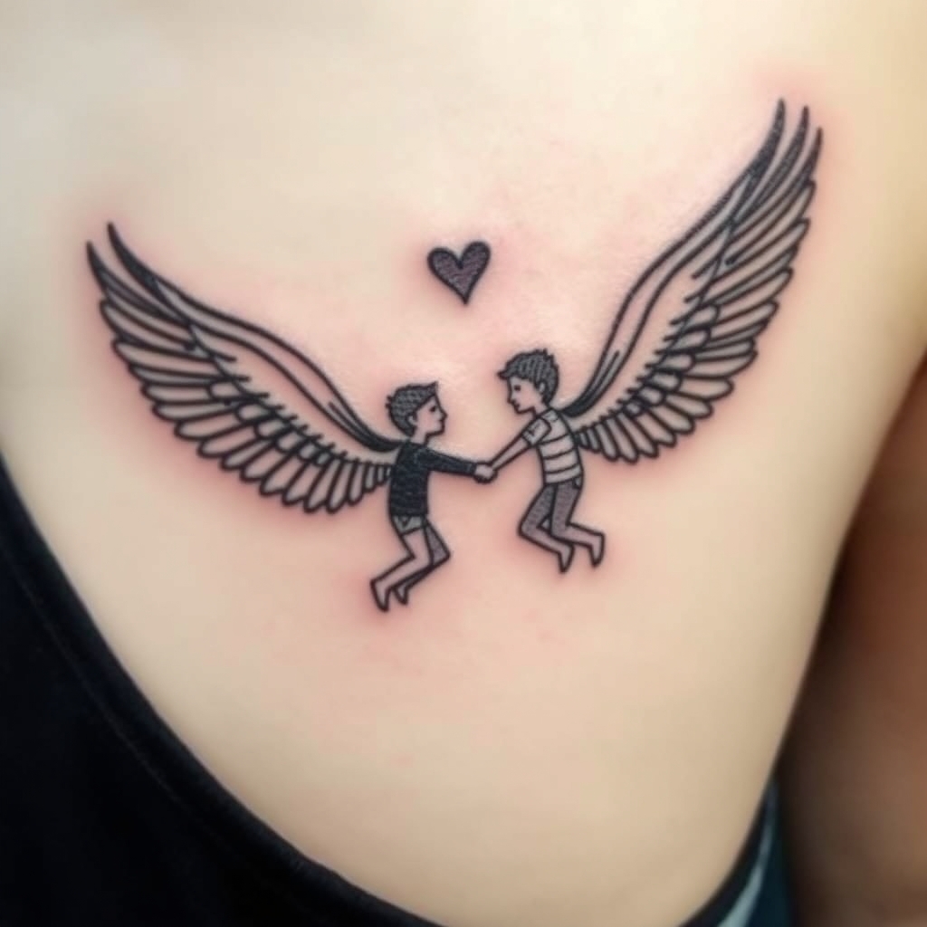 A tattoo design of mom of 2 boys grown and flown with a deep connection in the style of minimalist. - family tribute tattoo design generated by AI tattoo generator