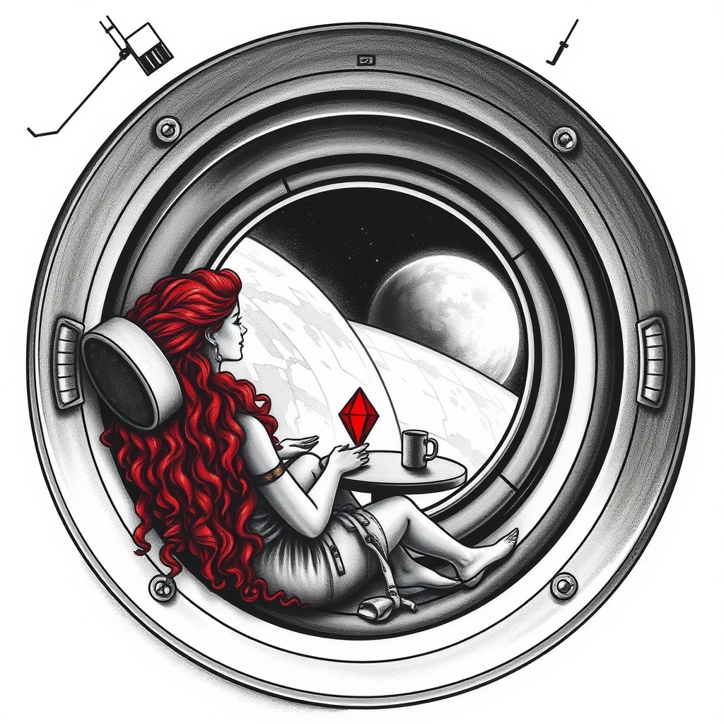 A tattoo design of Black and grey style. Redhead woman with curly hair sitting in a small space capsule alone. Floating through space with nothing to keep her company but a thing red ruby which she keeps on the small table by the porthole window. They are both sitting by the window peering out on an unknown planet. in the style of surrealistic. - space travel tattoo design generated by AI tattoo generator