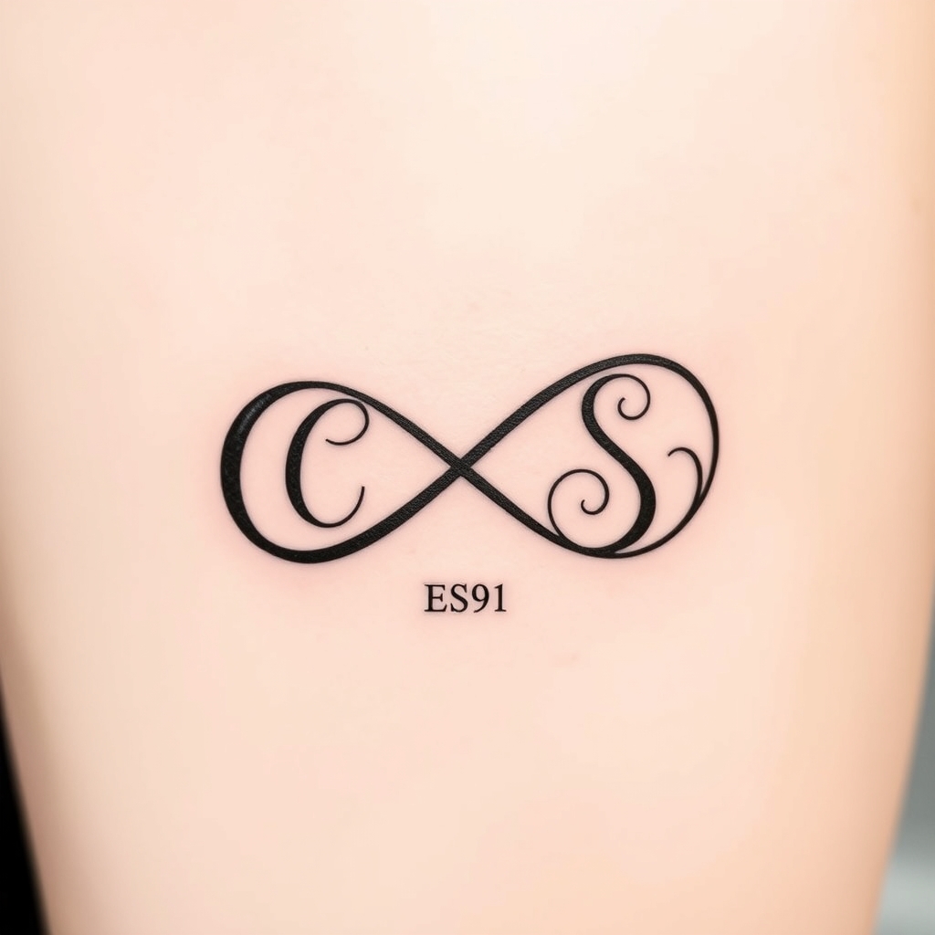 A tattoo design of Tattoo Design: Infinity with Initials "C" & "S" + "EST 91" Concept Description: Infinity Symbol Base: A smooth, elegant infinity symbol as the central structure. It could be done in fine black linework or a soft brushstroke-style for a more artistic vibe. Incorporated Initials ("C" & "S"): One loop of the infinity symbol subtly forms the letter C, with its curve blending naturally into the shape. The opposite loop forms an elegant S, shaped with a flourish that still respects the infinity symbol’s flow in the style of realistic. - infinity symbol tattoo design generated by AI tattoo generator