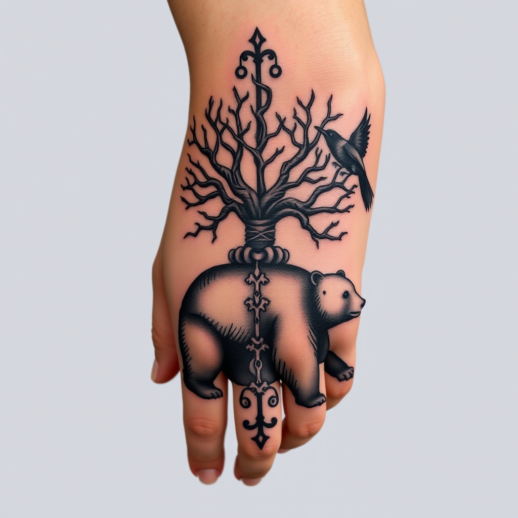 A tattoo design of feminine, odins ravens, wyrd, yggdrasil, vegvisin, valknut, troll cross and bear. my elbow curving down my forearm onto my fingers in the style of surrealistic. - norse mythology symbols tattoo design generated by AI tattoo generator