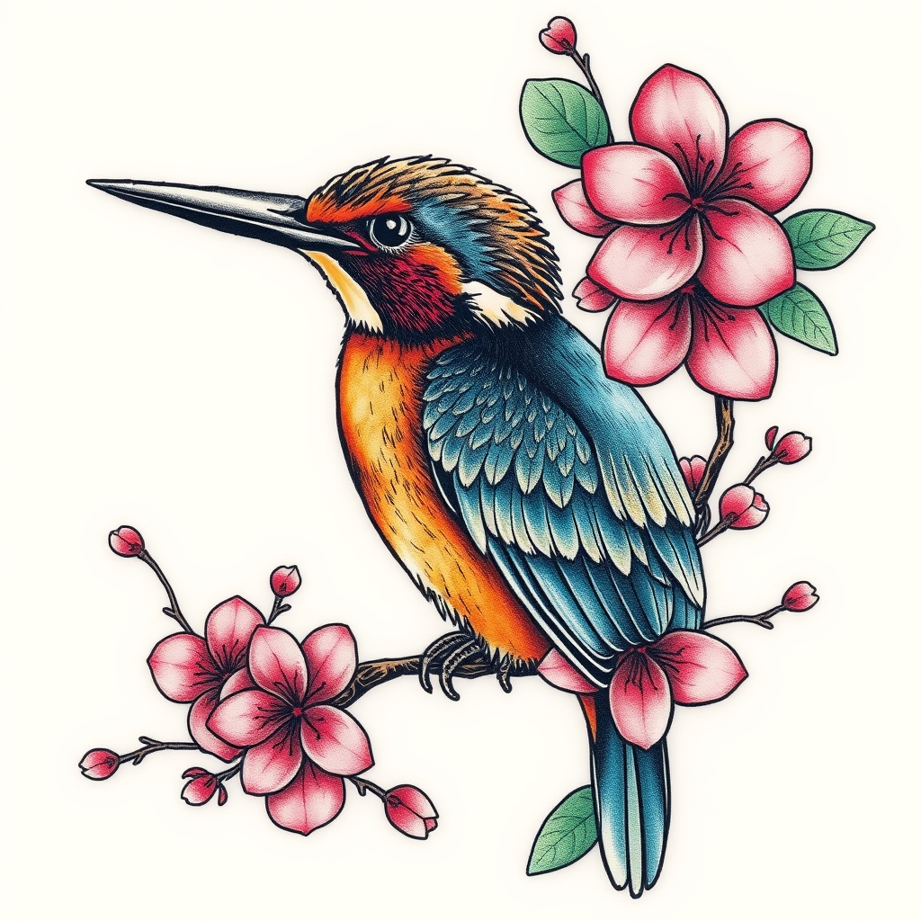 A tattoo design of Kingfisher and cherry blossoms in colour in the style of surrealistic. - birds and flowers tattoo design generated by AI tattoo generator