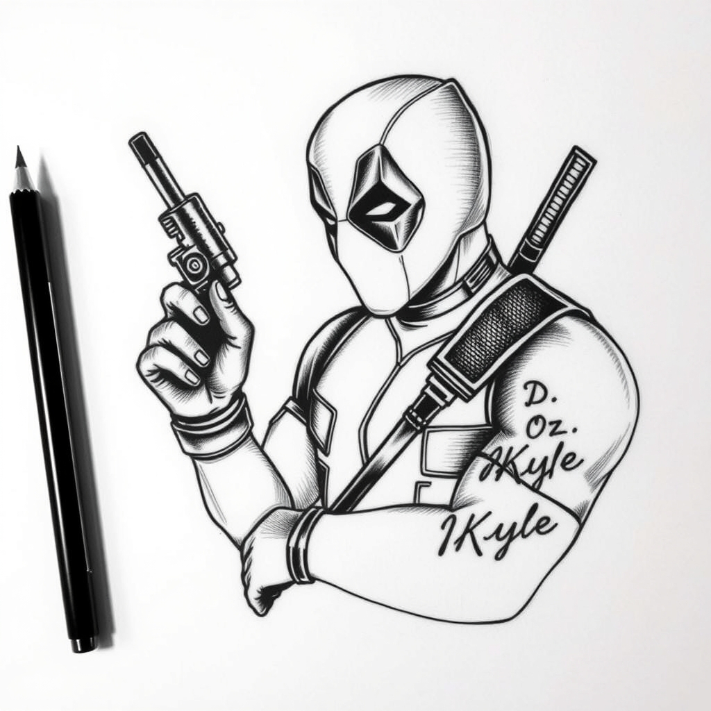 A tattoo design of Deadpool holding a tattooing gun with the names D, Oz, Kyle on a list beside him  in the style of blackwork. - pop culture character tattoo design generated by AI tattoo generator
