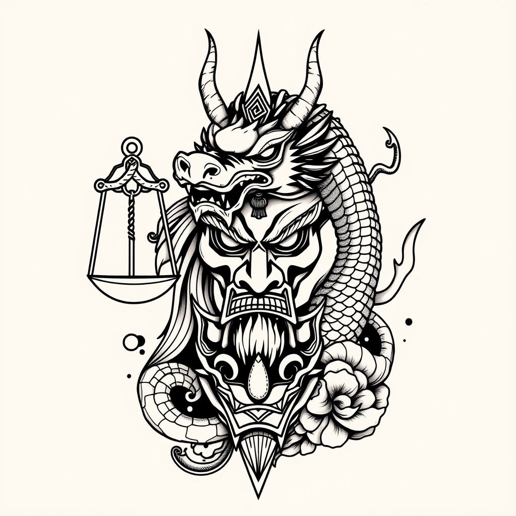 A tattoo design of Libra goddness, dragon head and oni mask in the style of japanese. - mythology symbols tattoo design generated by AI tattoo generator